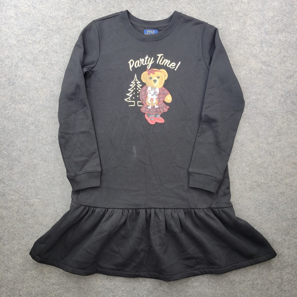 Polo Ralph Lauren Girls Black Polo Bear Party Time Sweatshirt Dress XL 16